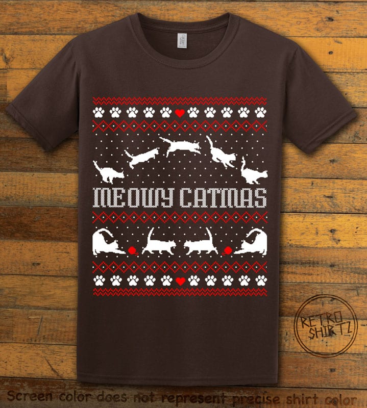 Meowy Christmas Graphic T-Shirt - brown shirt design