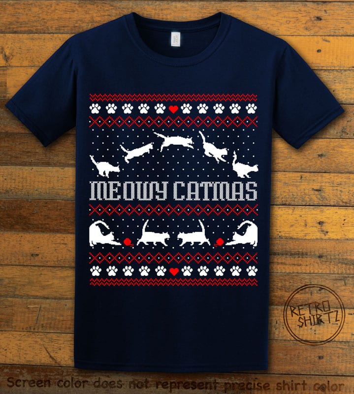 Meowy Christmas Graphic T-Shirt - navy shirt design