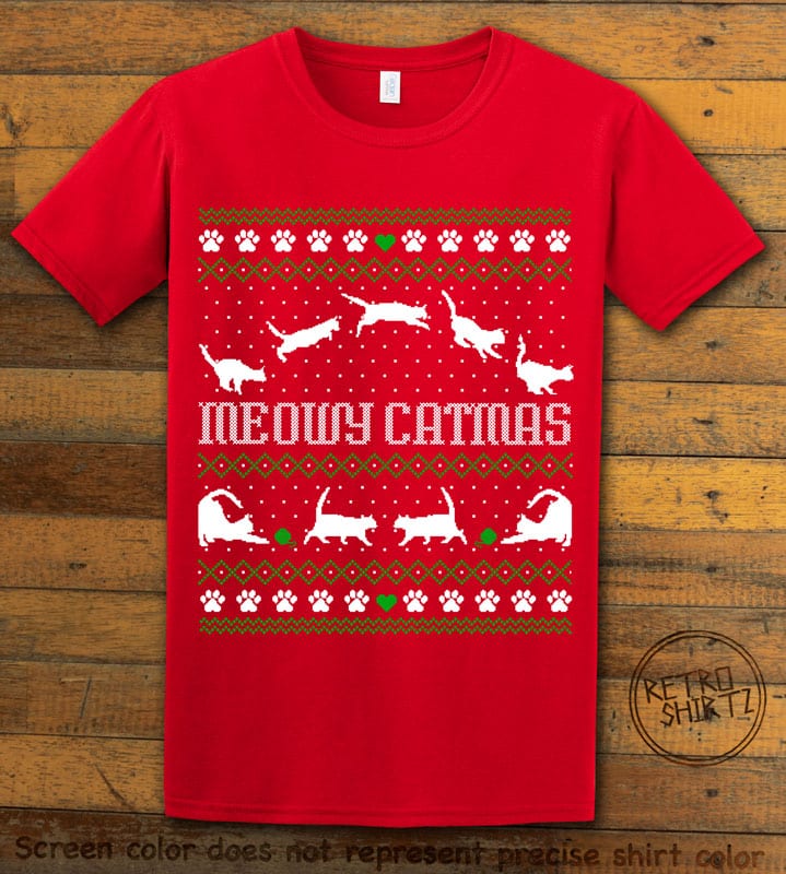 Meowy Christmas Graphic T-Shirt - red shirt design