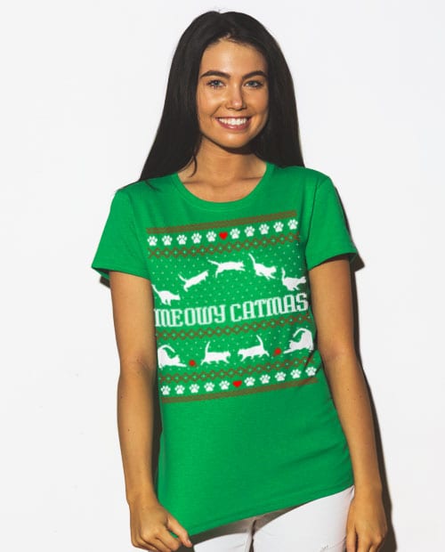 Meowy Christmas Graphic T-Shirt - green shirt design on a model