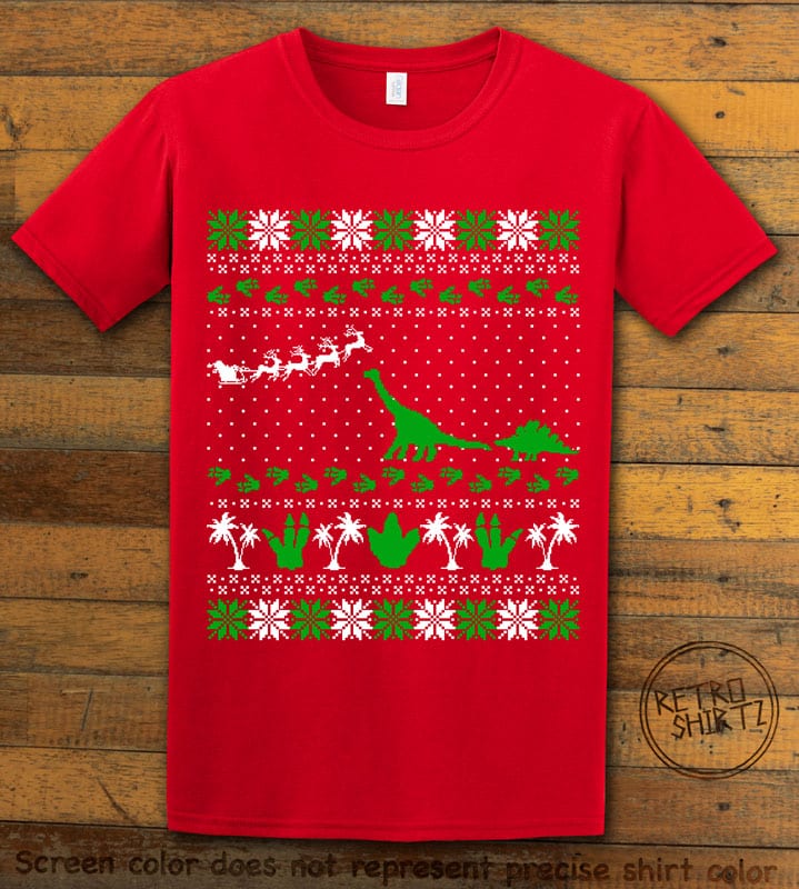 Dinosaur Ugly Christmas Sweater Graphic T-Shirt - red shirt design