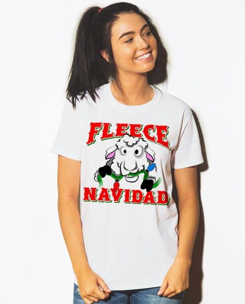 Fleece Navidad Graphic T-Shirt - white shirt design on a model