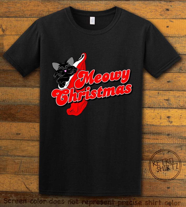 Meowy Christmas Graphic T-Shirt - black shirt design
