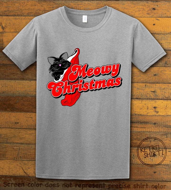 Meowy Christmas Graphic T-Shirt - grey shirt design