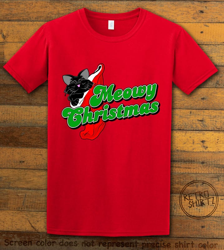 Meowy Christmas Graphic T-Shirt - red shirt design