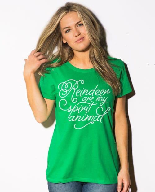 Reindeer Are My Spirit Animal Cursive Graphic T-Shirt - green shirt design on a model