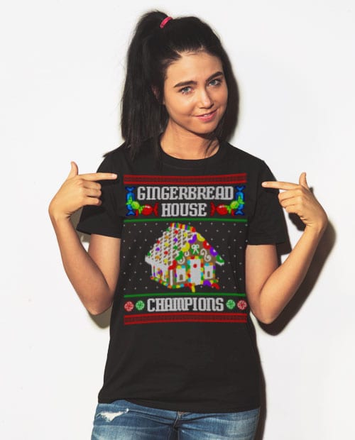 Gingerbread House Champions Graphic T-Shirt - black shirt design on a model