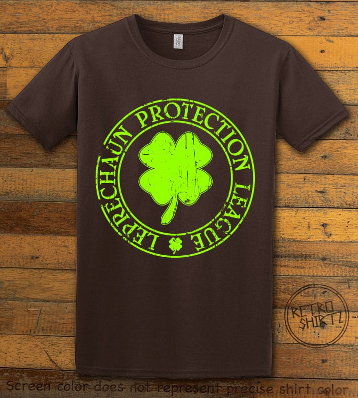 This is the main graphic design on a brown shirt for the St Patricks Day Shirts: Leprechaun Protection League