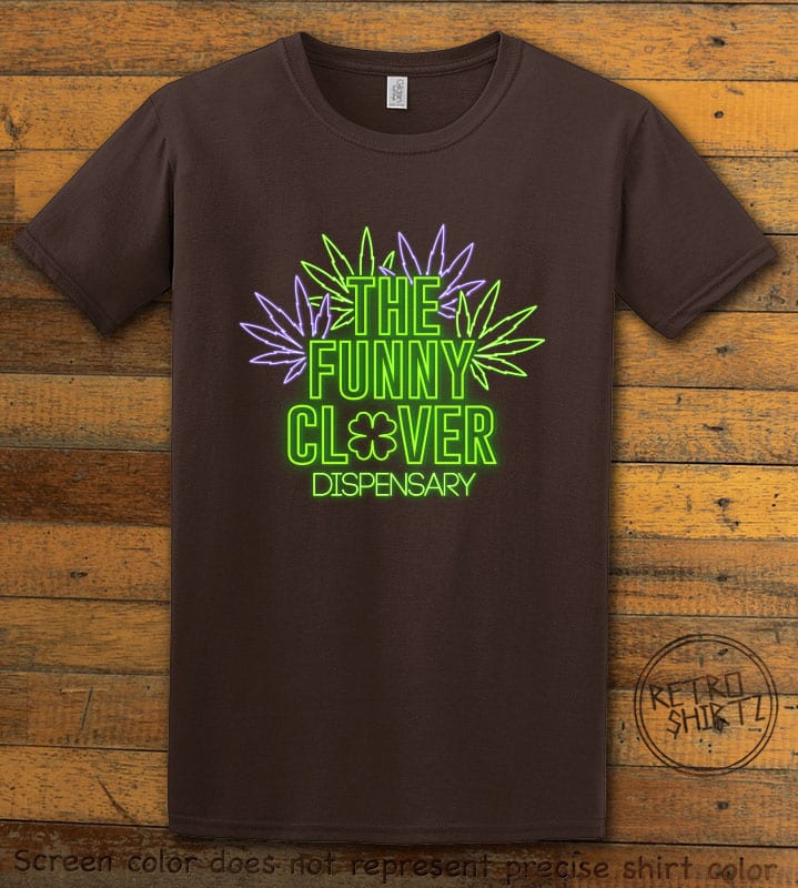 This is the main graphic design on a brown shirt for the St Patricks Day Shirts: The Funny Clover Dispensary Neon