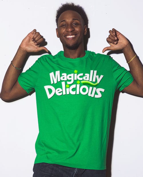 This is the main model photo for the St Patricks Day Shirts: Magically Delicious