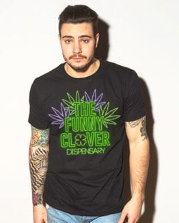 This is the main model photo for the St Patricks Day Shirts: The Funny Clover Dispensary Neon