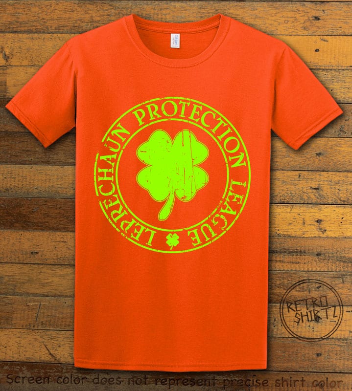 This is the main graphic design on a orange shirt for the St Patricks Day Shirts: Leprechaun Protection League