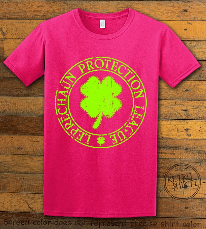 This is the main graphic design on a pink shirt for the St Patricks Day Shirts: Leprechaun Protection League