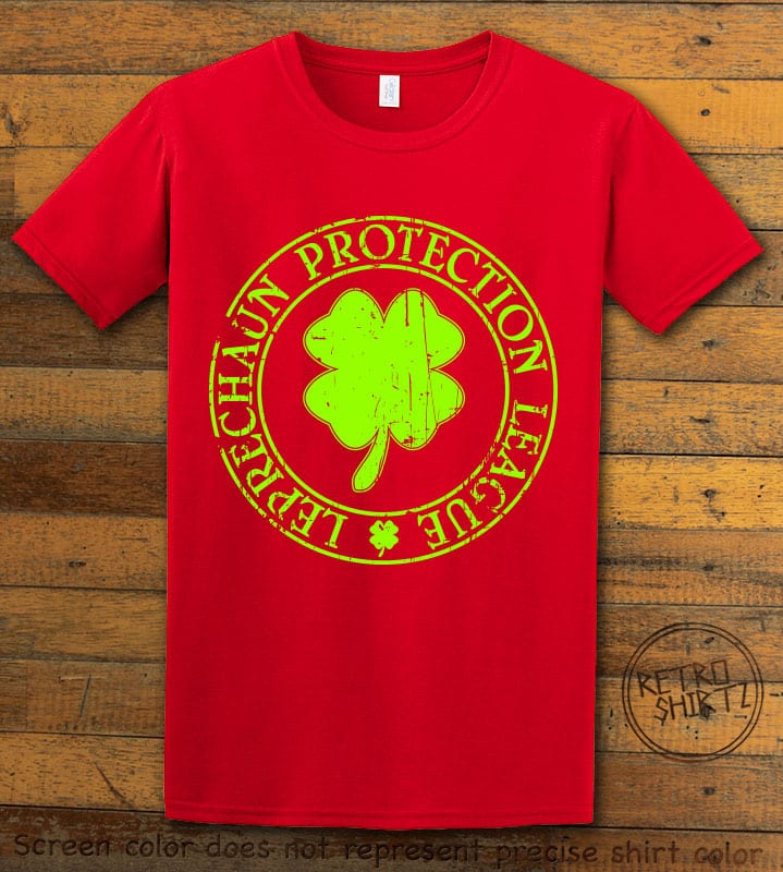 This is the main graphic design on a red shirt for the St Patricks Day Shirts: Leprechaun Protection League