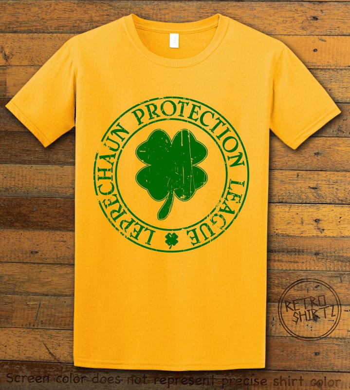 This is the main graphic design on a yellow shirt for the St Patricks Day Shirts: Leprechaun Protection League