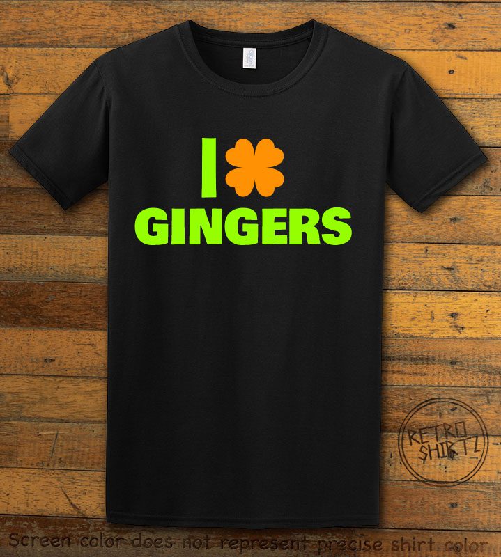 This is the main graphic design on a black shirt for the St Patricks Day Shirts: I Love Gingers