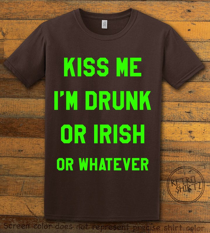 This is the main graphic design on a brown shirt for the St Patricks Day Shirts: Kiss Me I'm Irish or Drunk