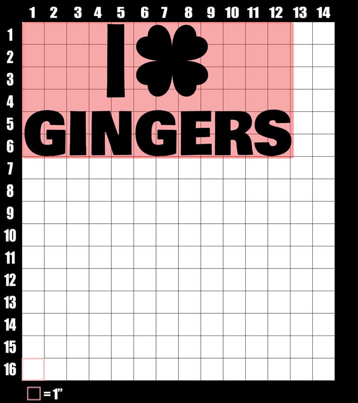 These are the graphic design dimensions for the St Patricks Day Shirts: I Love Gingers