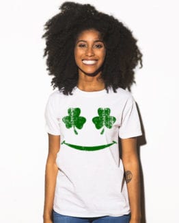 This is the main model photo for the St Patricks Day Shirts: Shamrock Smiley Face