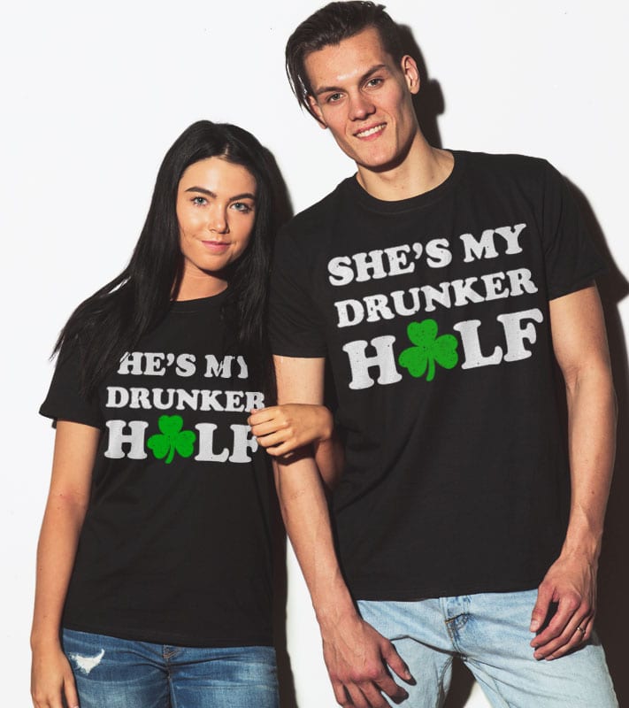 This is the main model photo for the Couples St Patricks Day Shirts: She's My Drunker Half