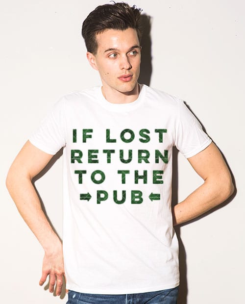 This is the main model photo for the St Patricks Day Shirts: If Lost Return to Pub