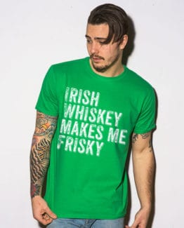 This is the main model photo for the St Patricks Day Shirts: Irish Whiskey Makes Me Frisky Distressed