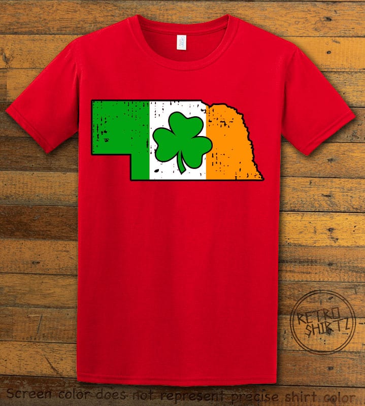 This is the main graphic design on a red shirt for the St Patricks Day Shirts: Nebraska Irish