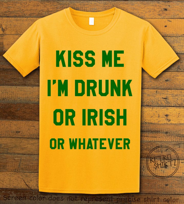 This is the main graphic design on a yellow shirt for the St Patricks Day Shirts: Kiss Me I'm Irish or Drunk