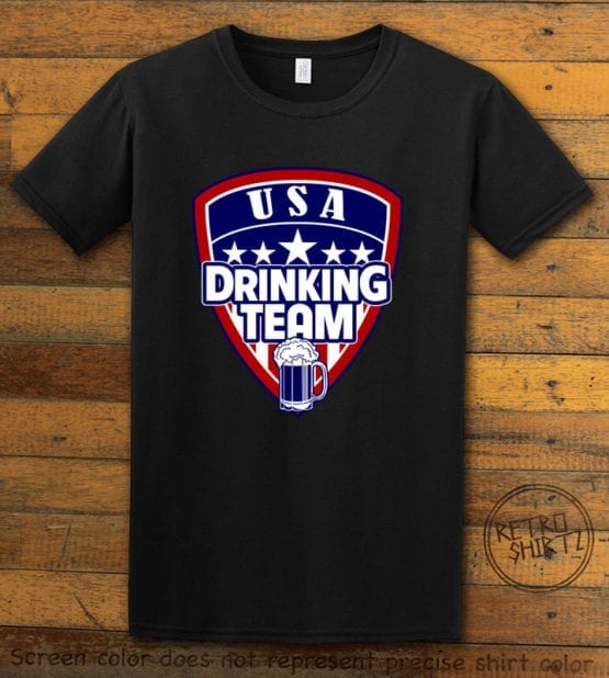This is the main graphic design on a black shirt for the: USA Drinking Team