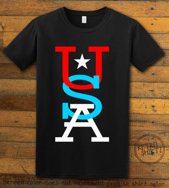 This is the main graphic design on a black shirt for the: USA Vertical
