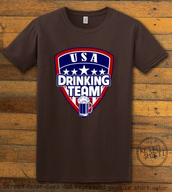 This is the main graphic design on a brown shirt for the: USA Drinking Team