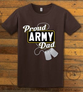This is the main graphic design on a brown shirt for the: Proud Army Dad