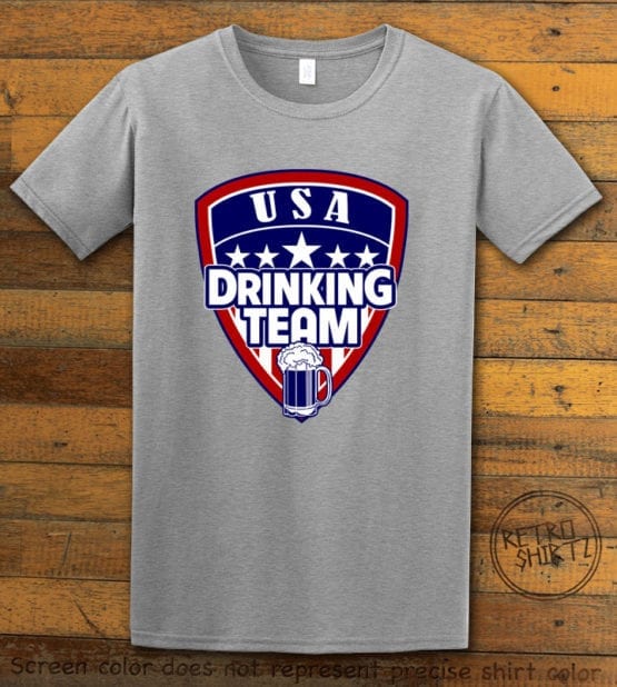 This is the main graphic design on a gray shirt for the: USA Drinking Team