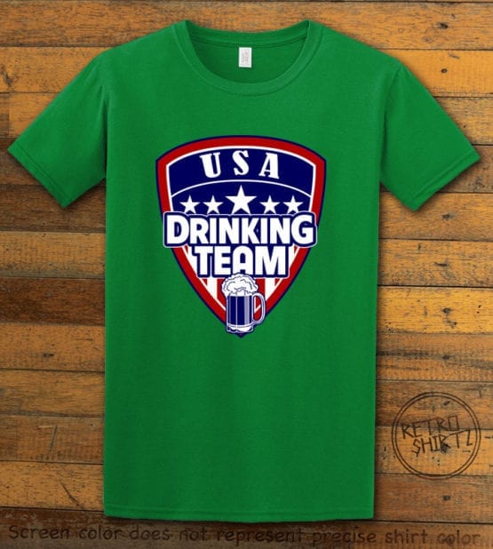 This is the main graphic design on a green shirt for the: USA Drinking Team