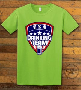 This is the main graphic design on a lime shirt for the: USA Drinking Team