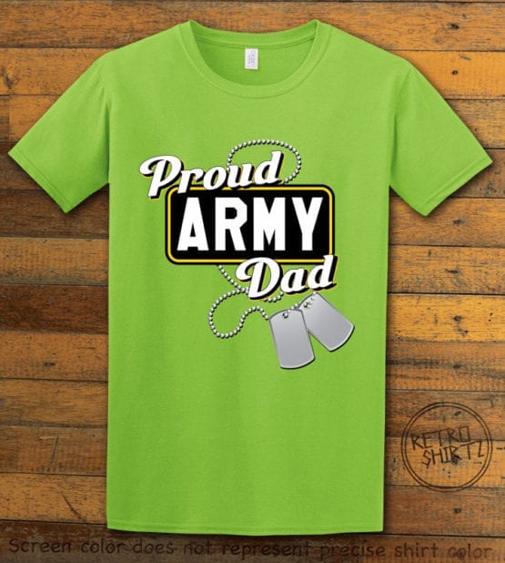 This is the main graphic design on a lime shirt for the: Proud Army Dad