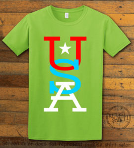 This is the main graphic design on a lime shirt for the: USA Vertical