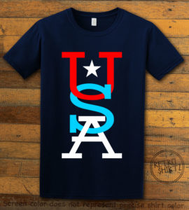 This is the main graphic design on a navy shirt for the: USA Vertical