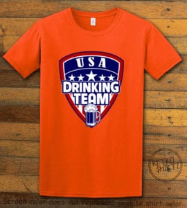 This is the main graphic design on a orange shirt for the: USA Drinking Team