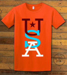 This is the main graphic design on a orange shirt for the: USA Vertical