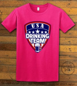 This is the main graphic design on a pink shirt for the: USA Drinking Team