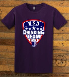 This is the main graphic design on a purple shirt for the: USA Drinking Team