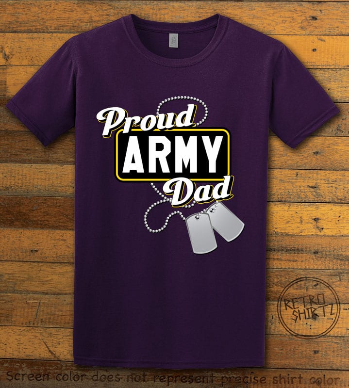 This is the main graphic design on a purple shirt for the: Proud Army Dad