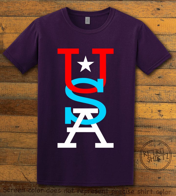 This is the main graphic design on a purple shirt for the: USA Vertical