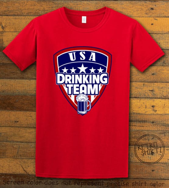 This is the main graphic design on a red shirt for the: USA Drinking Team