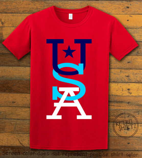 This is the main graphic design on a red shirt for the: USA Vertical