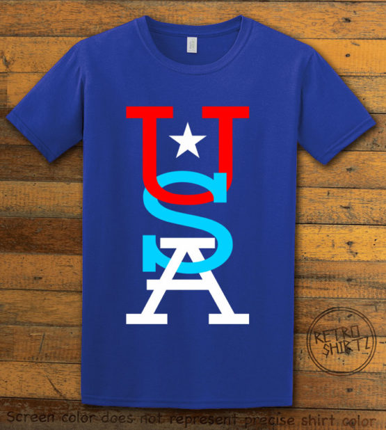 This is the main graphic design on a royal shirt for the: USA Vertical