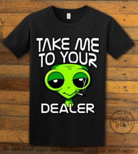 This is the main graphic design on a black shirt for the Weed Shirt: Stoned Alien Smoking