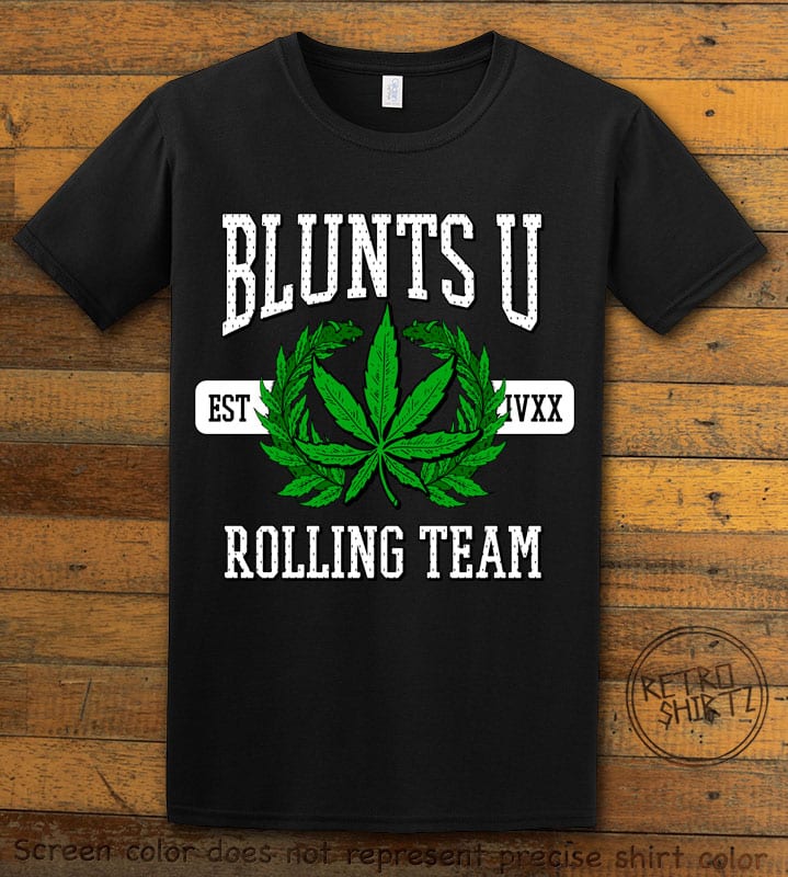 This is the main graphic design on a black shirt for the Weed Shirt: Blunts University