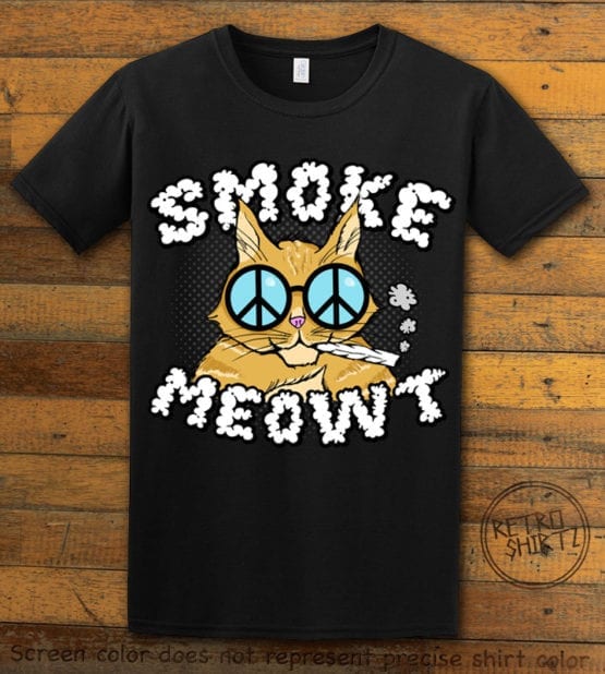 This is the main graphic design on a black shirt for the Weed Shirt: Stoned Cat Smoke Meowt
